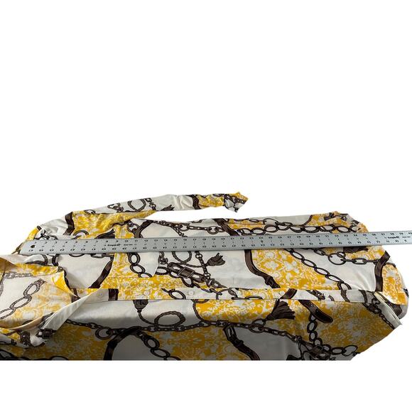 Timing Womens 1X Yellow White Blouse Chain Print Button Up Long Sleeve Top - Picture 6 of 11